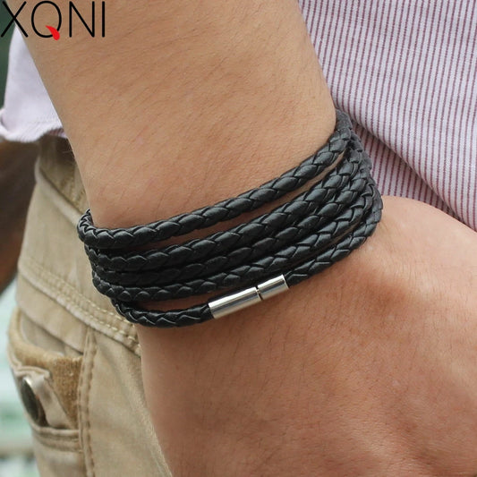 brand black retro Wrap Long leather bracelet men bangles fashion sproty Chain link male charm bracelet with 5 laps