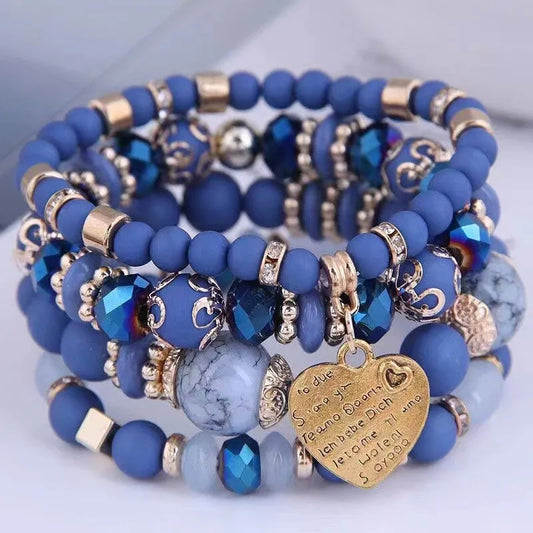 4pcs/set Boho Strand Bracelets For Women Crystal Beads Bracelets Heart Letter Elastic Bangles