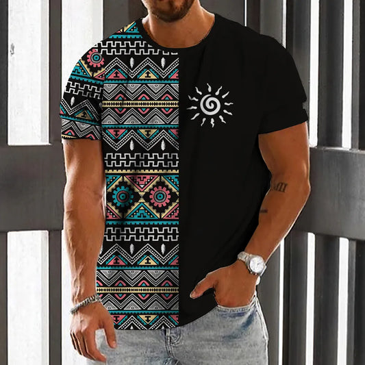 "Old World Cool: Ethnic Print Men's Casual Summer Tee"