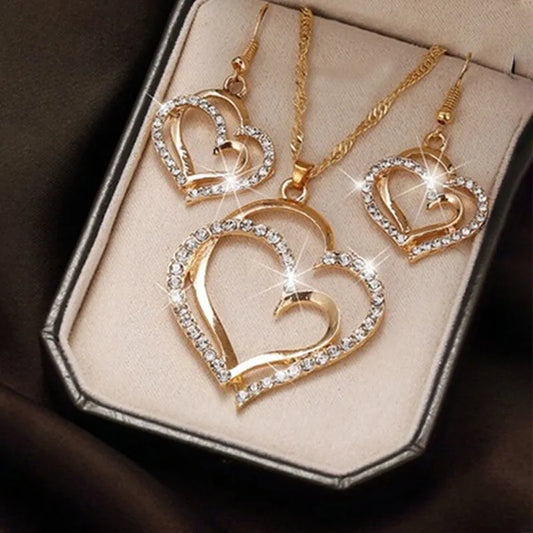 3 Pcs Set Heart Shaped Jewelry Set Of Earrings Pendant Necklace For Women Exquisite Fashion  Double Heart Jewelry Set