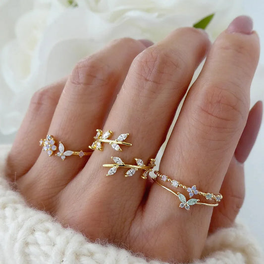 Fashion Crystal Leaves Rings for Women Girl Butterfly Flower Rings Set Birthday Gifts Jewelry